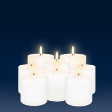 Load image into Gallery viewer, NEW LOWER PRICE | UYUNI Lighting Small Outdoor Pillar, White, Weather Resistant ABS Soft Touch Plastic Flameless Candle, 7.6cm x 7.8cm (3.0” x 3”)