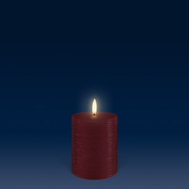 NEW - Small Pillar, Carmine Red Textured Wax Flameless Candle, 7.8cm x 10.1cm