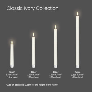 Set of 12 Classic Ivory Flameless Tapers, 1.9cm x 25cm