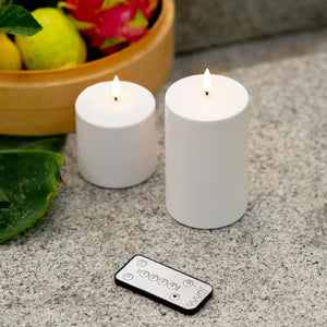 UYUNI Lighting Small Wide Outdoor Pillar, White, Weather Resistant ABS Soft Touch Plastic Flameless Candle, 10.1cm x 7.8cm (4.0” x 3”)