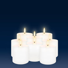 Load image into Gallery viewer, UYUNI Lighting Small Outdoor Pillar, White, Weather Resistant ABS Soft Touch Plastic Flameless Candle, 7.6cm x 7.8cm (3.0” x 3”)