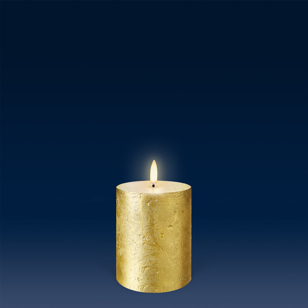 UYUNI Lighting Small Pillar, Handpainted Metallic Gold, Textured Wax Flameless Candles, 7.8cm x 10.1cm (3.1