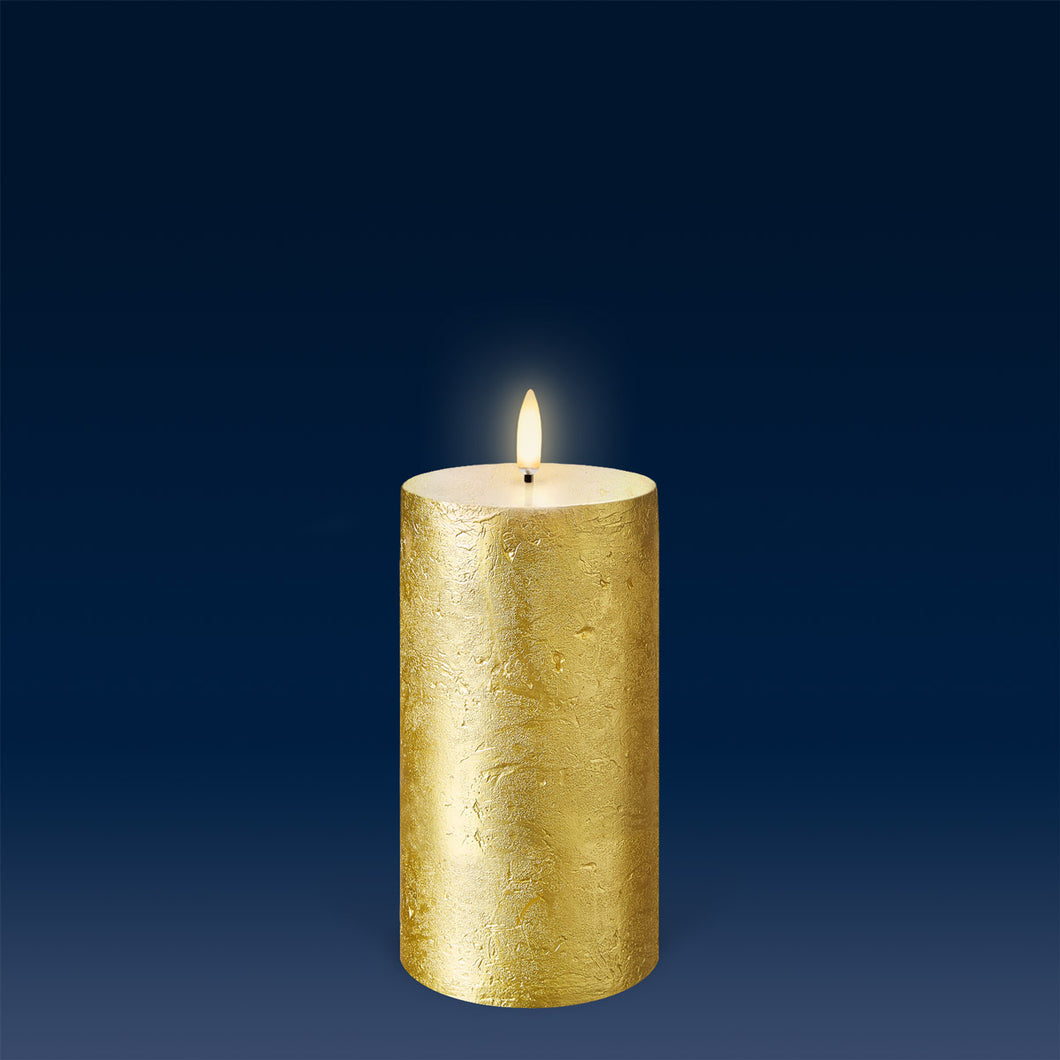 UYUNI Lighting Medium Pillar, Handpainted Metallic Gold, Textured Wax Flameless Candle, 7.8cm x 15.2cm (3.1